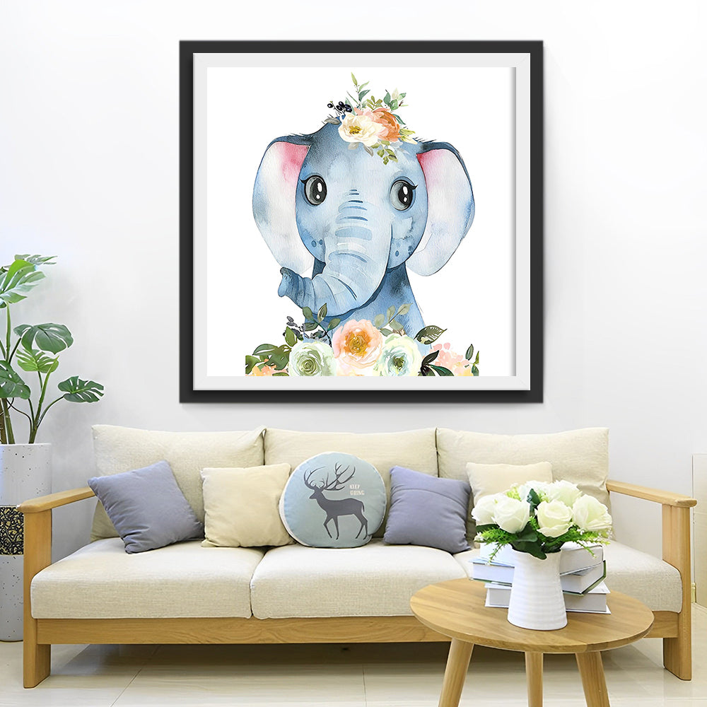 Lächelndes Elefantenbaby und Blumen Diamond Painting