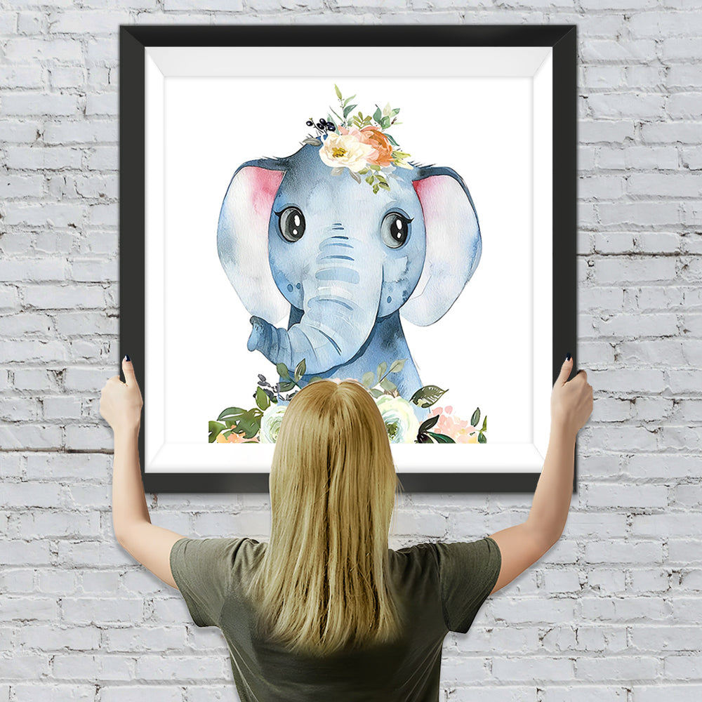 Lächelndes Elefantenbaby und Blumen Diamond Painting