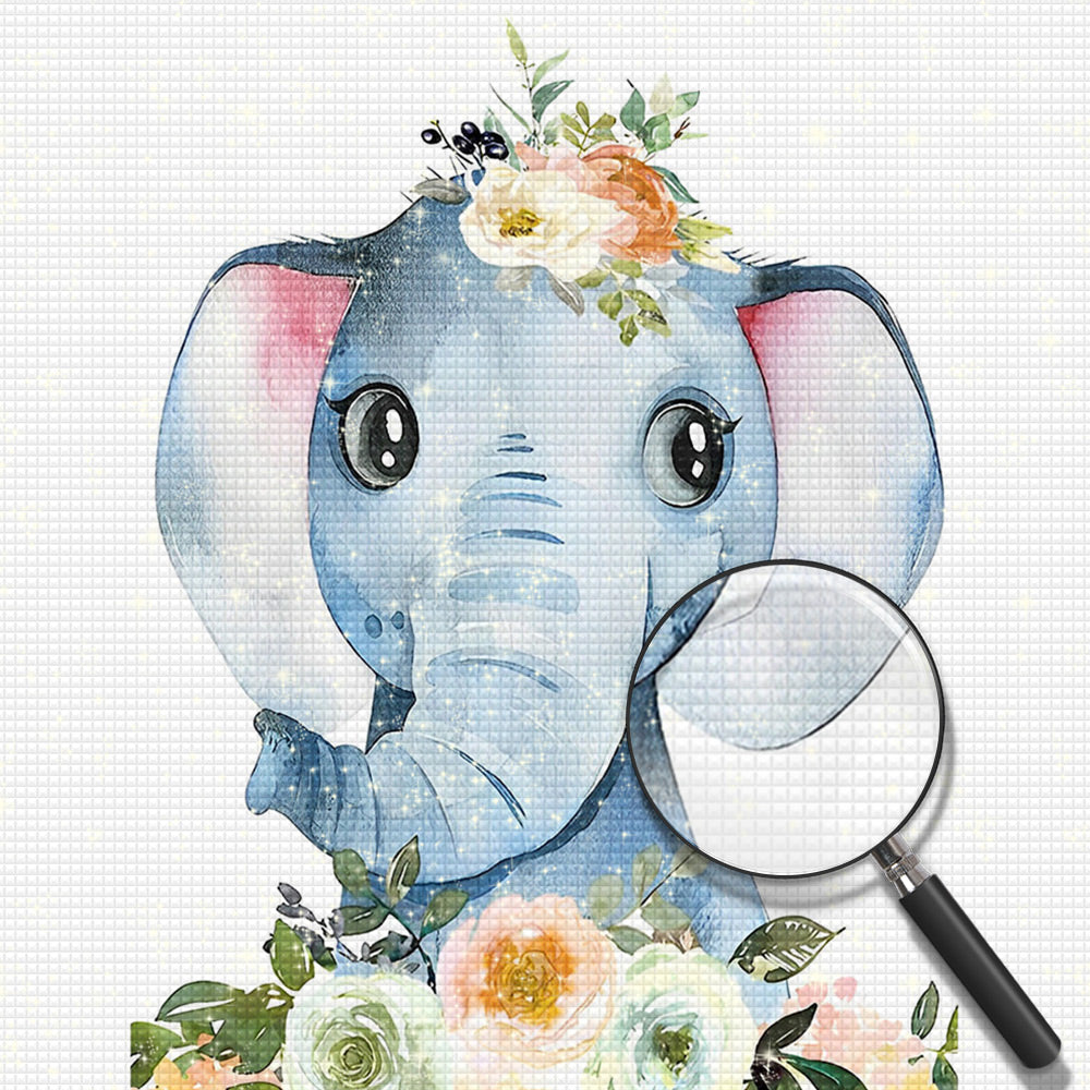 Lächelndes Elefantenbaby und Blumen Diamond Painting