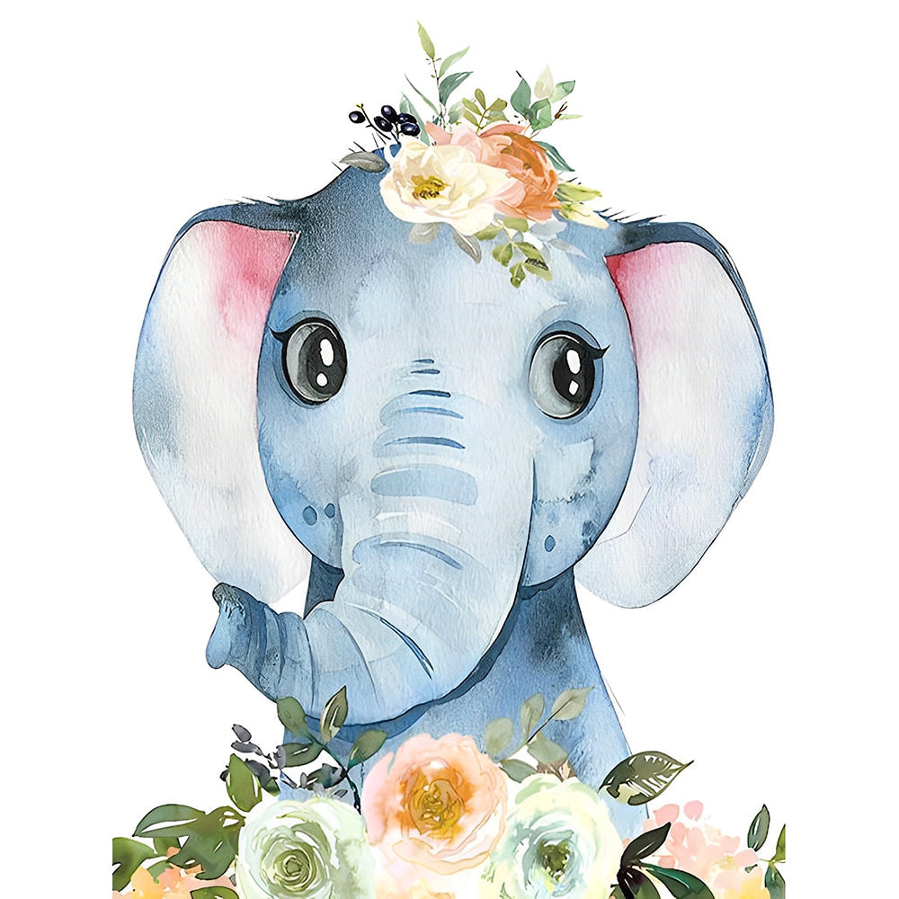 Lächelndes Elefantenbaby und Blumen Diamond Painting
