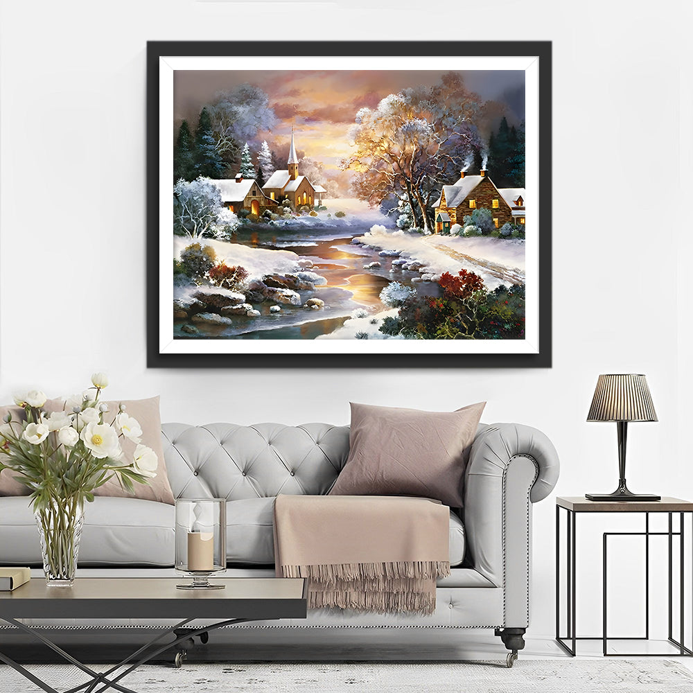 Ländliche Hütten und Fluss im Schnee Diamond Painting