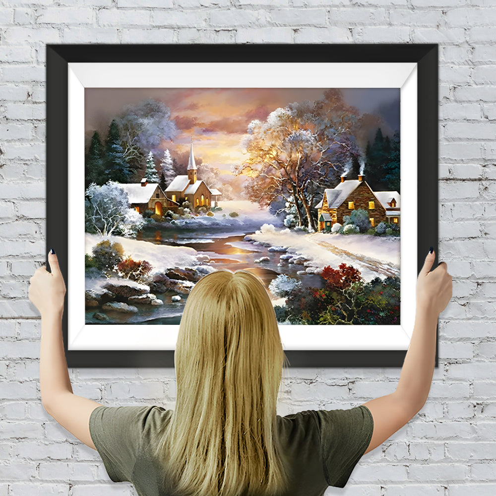 Ländliche Hütten und Fluss im Schnee Diamond Painting