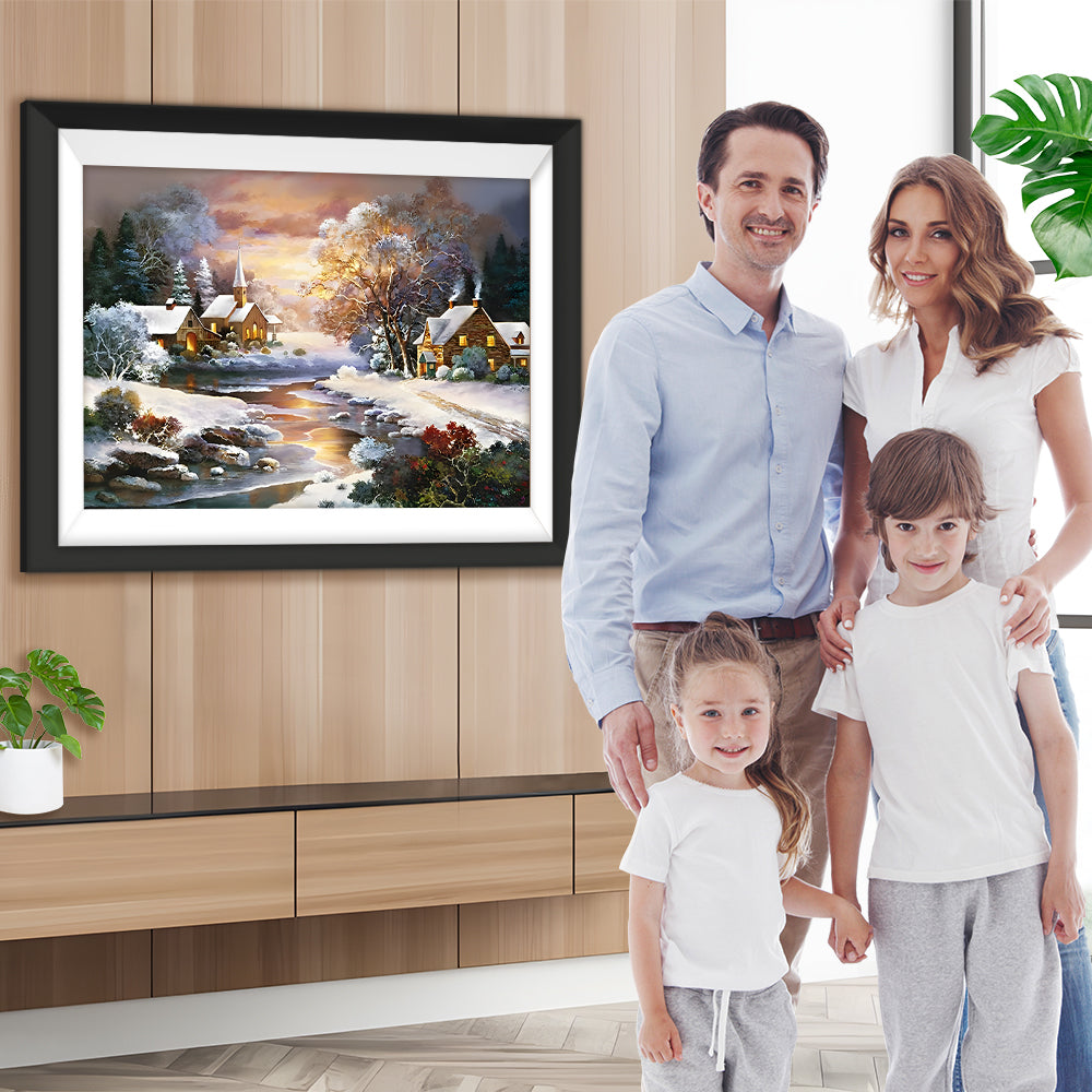 Ländliche Hütten und Fluss im Schnee Diamond Painting