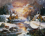 Ländliche Hütten und Fluss im Schnee Diamond Painting