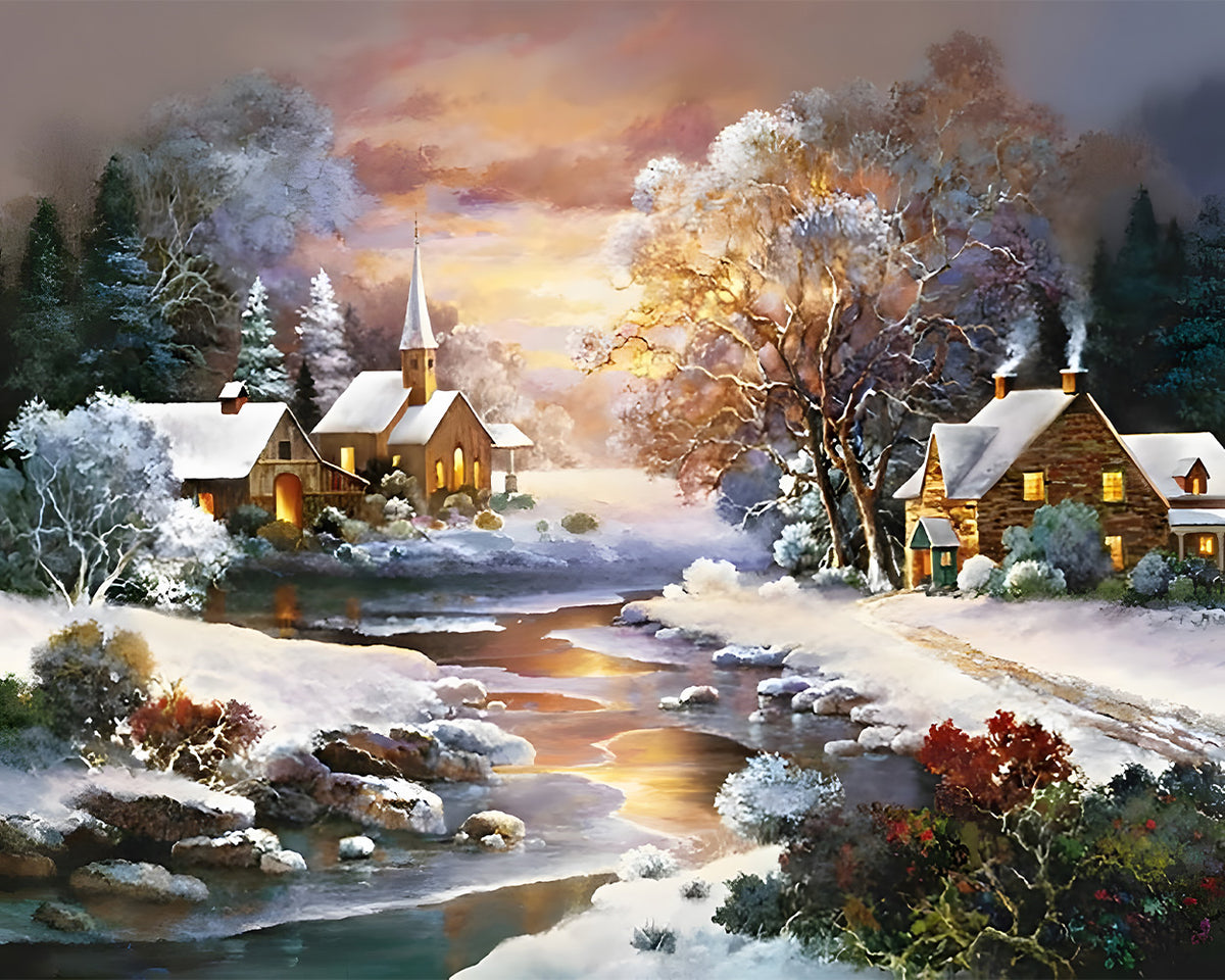 Ländliche Hütten und Fluss im Schnee Diamond Painting