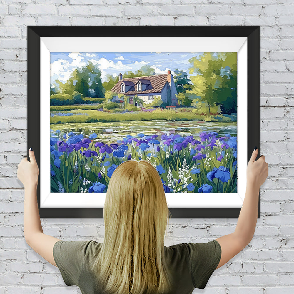 Landhaus und Irisblüten Diamond Painting