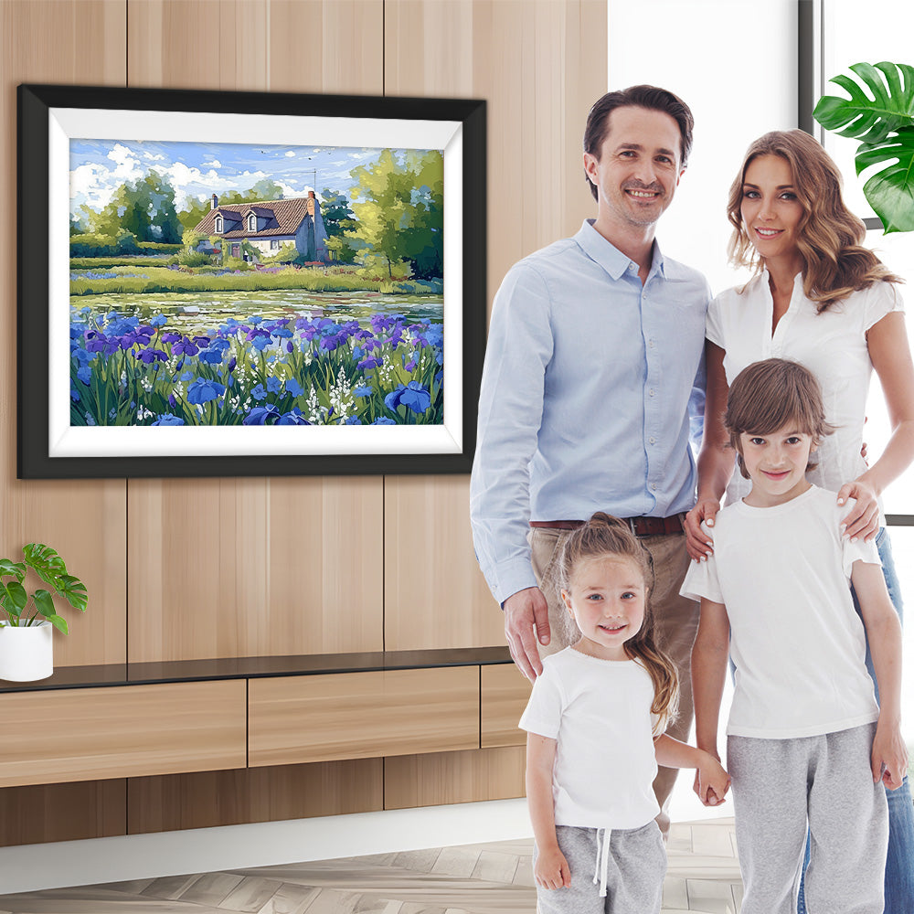 Landhaus und Irisblüten Diamond Painting