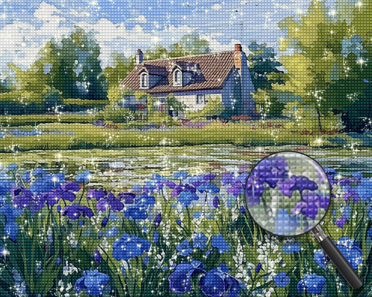 Landhaus und Irisblüten Diamond Painting