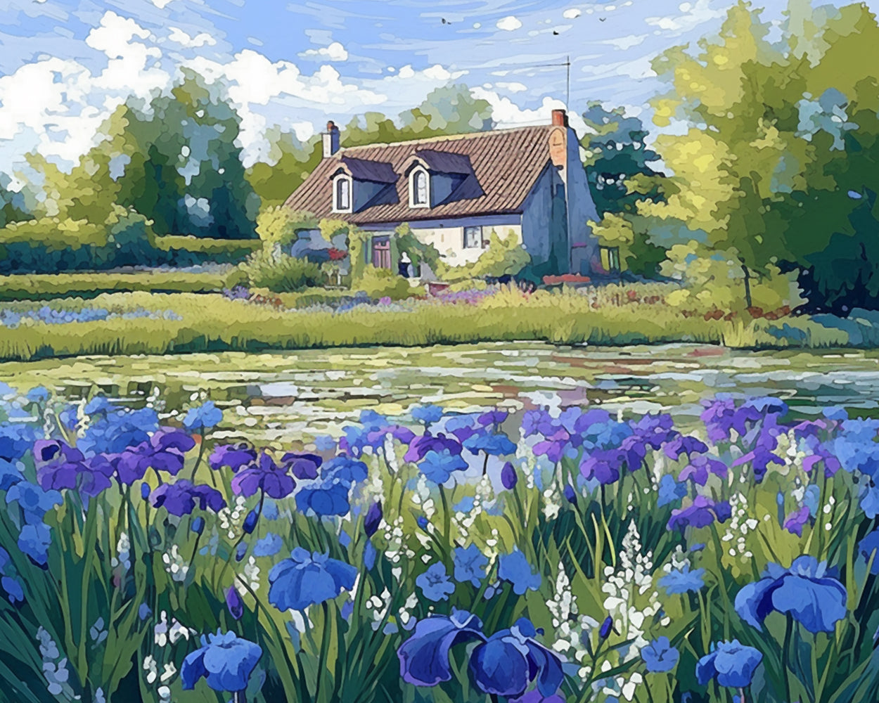 Landhaus und Irisblüten Diamond Painting