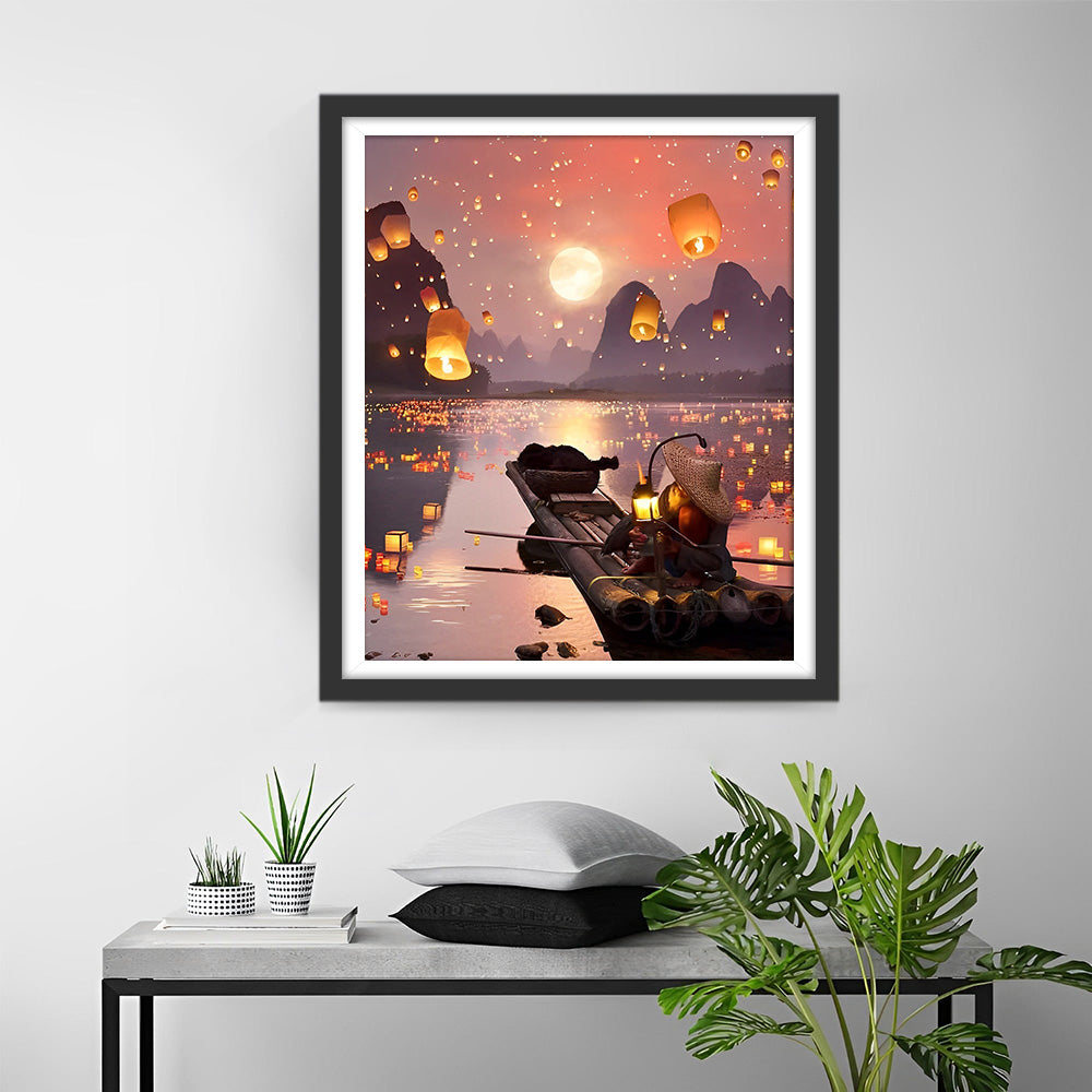 Laternen und Floß auf dem See Diamond Painting
