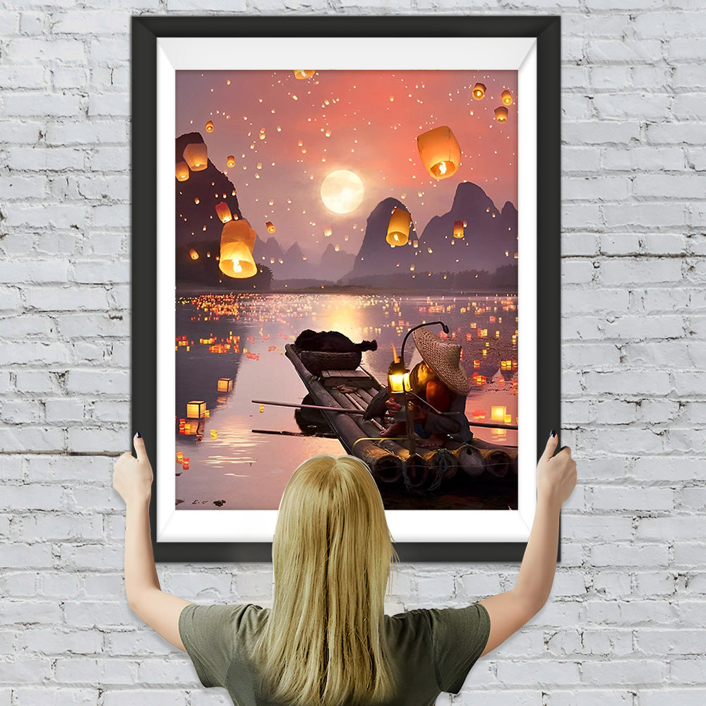 Laternen und Floß auf dem See Diamond Painting