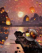 Laternen und Floß auf dem See Diamond Painting