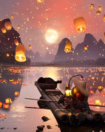 Laternen und Floß auf dem See Diamond Painting