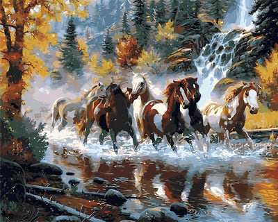 Laufende Pferde im Fluss Diamond Painting