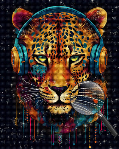 Leopard mit Kopfhörer Diamond Painting