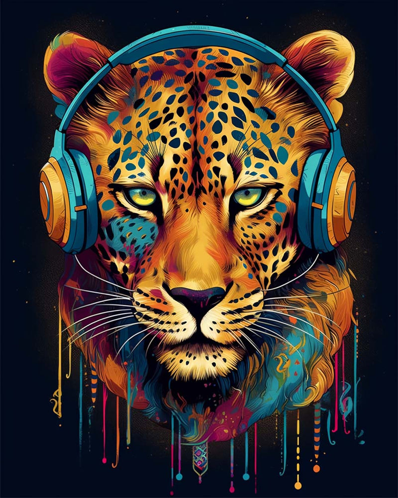Leopard mit Kopfhörer Diamond Painting