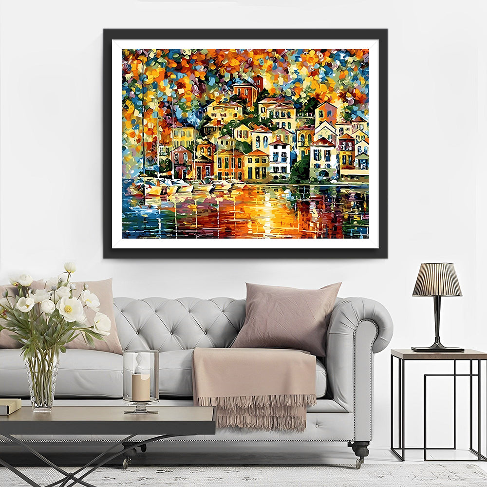 Leuchtende Gebäude im Regen Diamond Painting