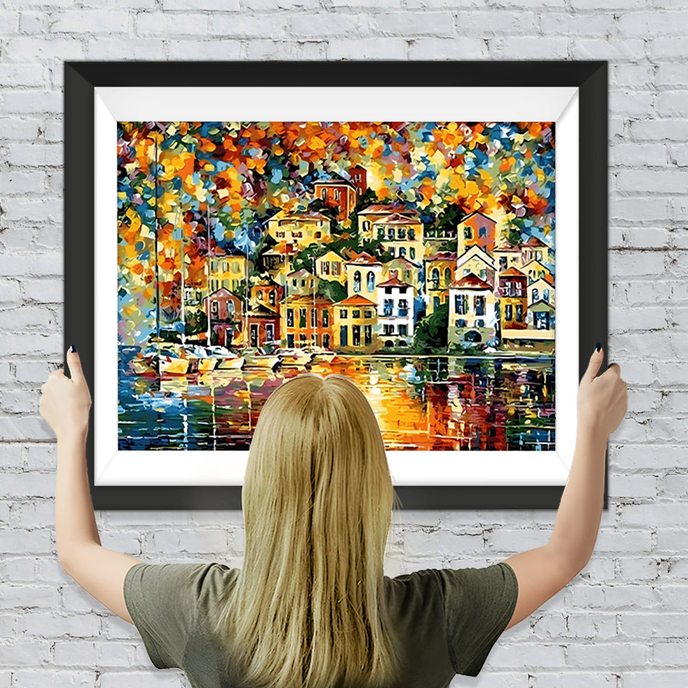 Leuchtende Gebäude im Regen Diamond Painting