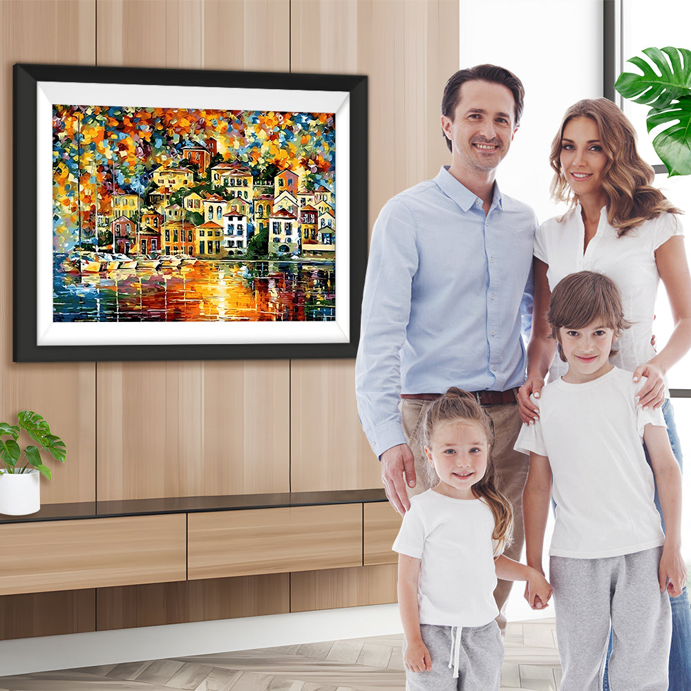 Leuchtende Gebäude im Regen Diamond Painting