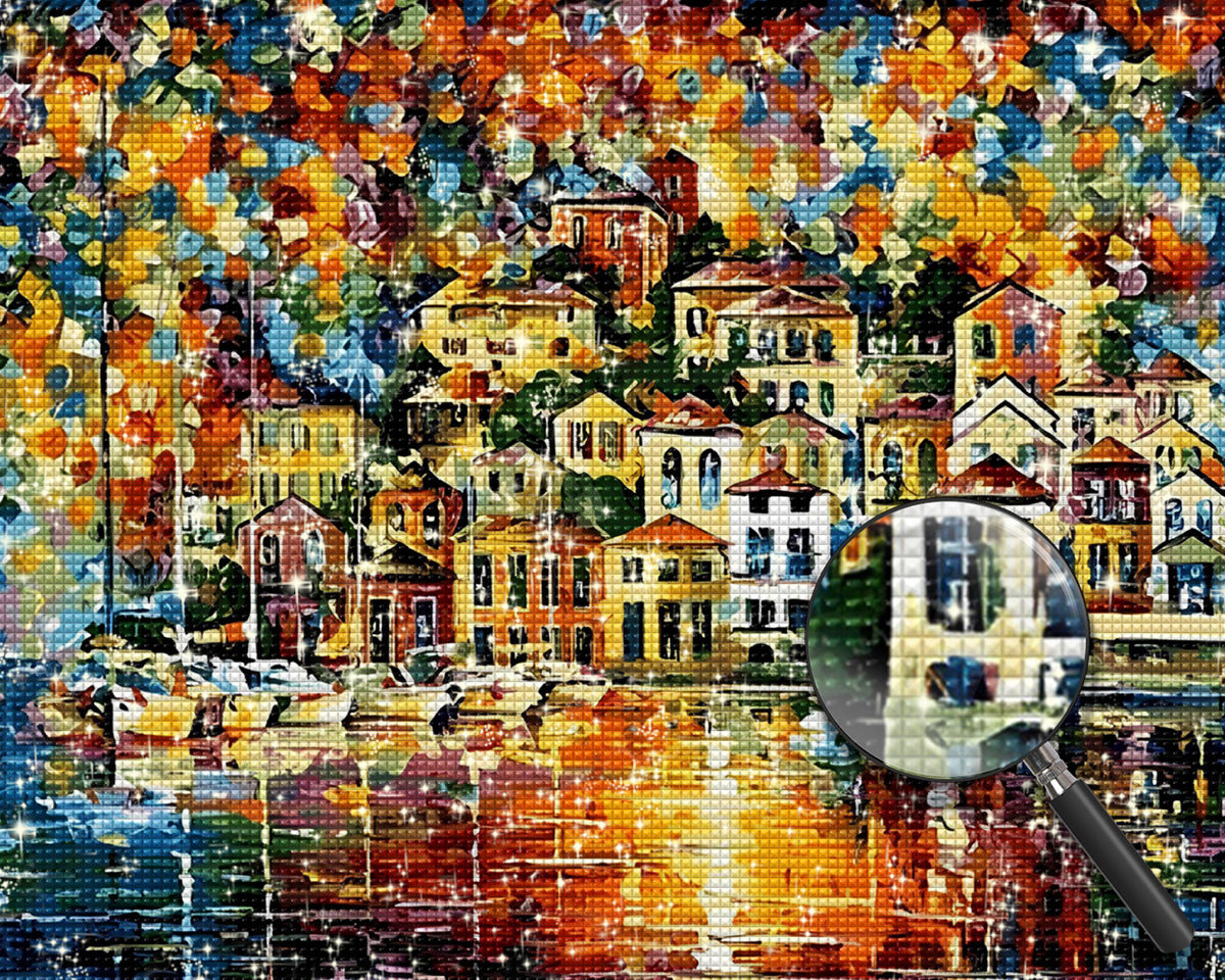 Leuchtende Gebäude im Regen Diamond Painting