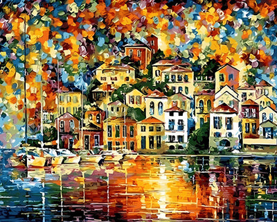 Leuchtende Gebäude im Regen Diamond Painting