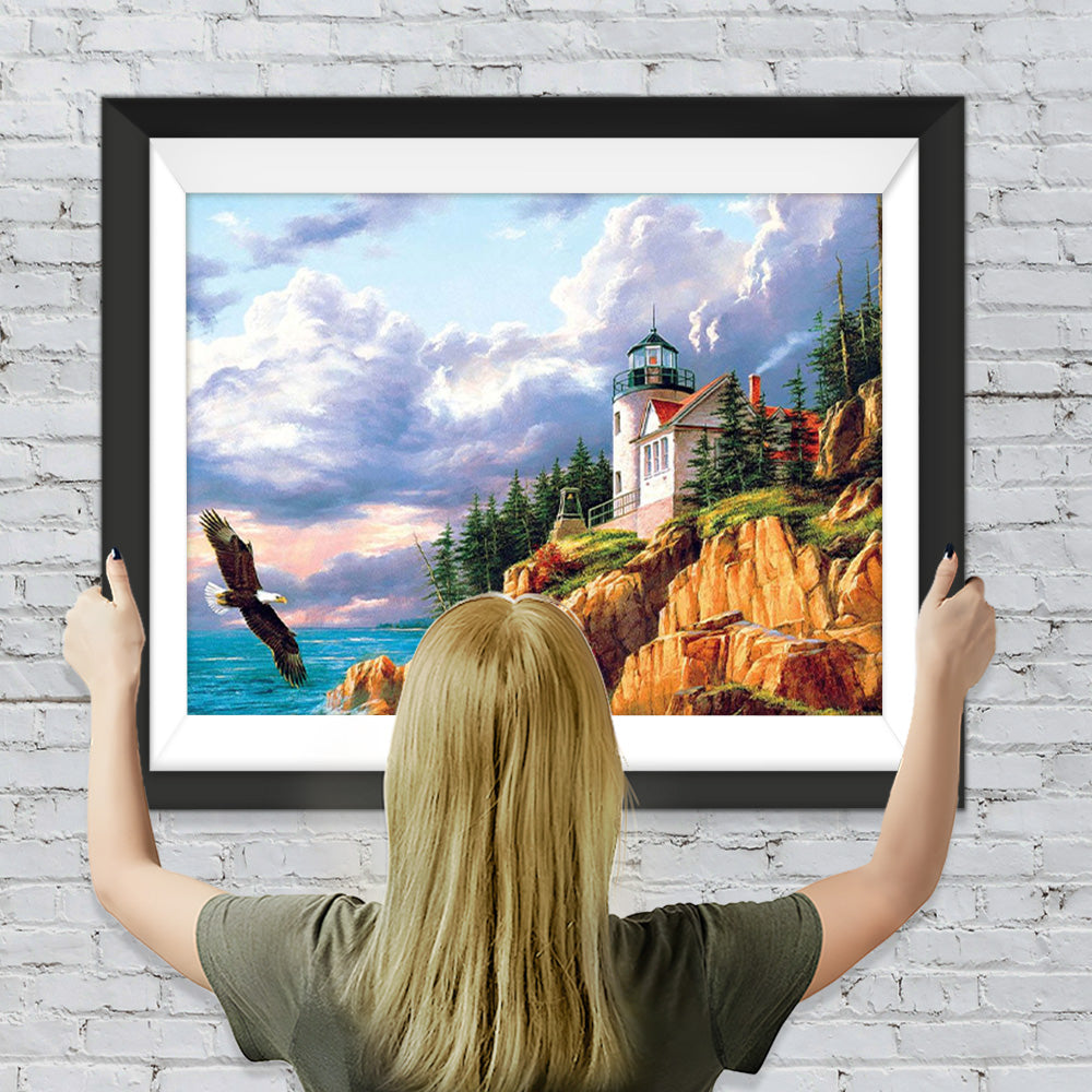 Leuchtturm und Adler am Meer Diamond Painting