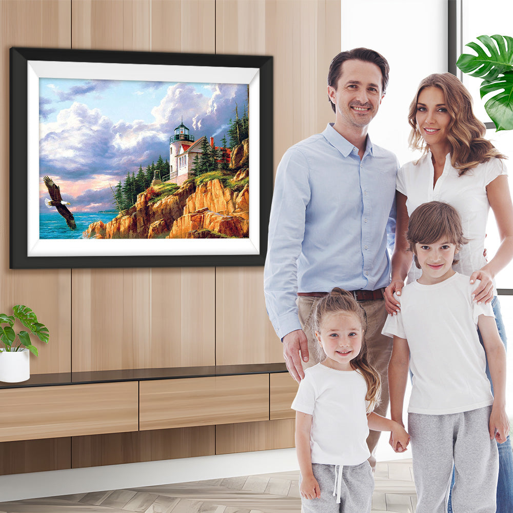 Leuchtturm und Adler am Meer Diamond Painting