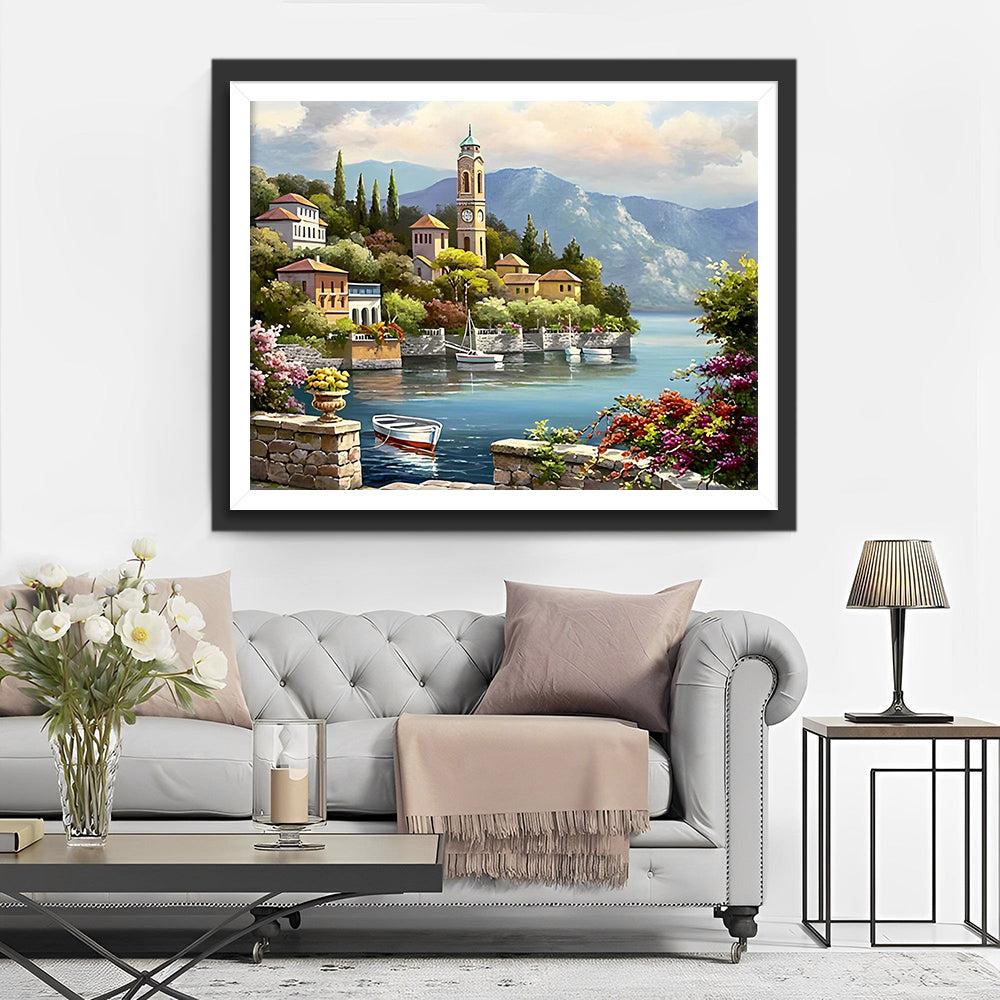 Leuchtturm und Berge an der Küste Diamond Painting