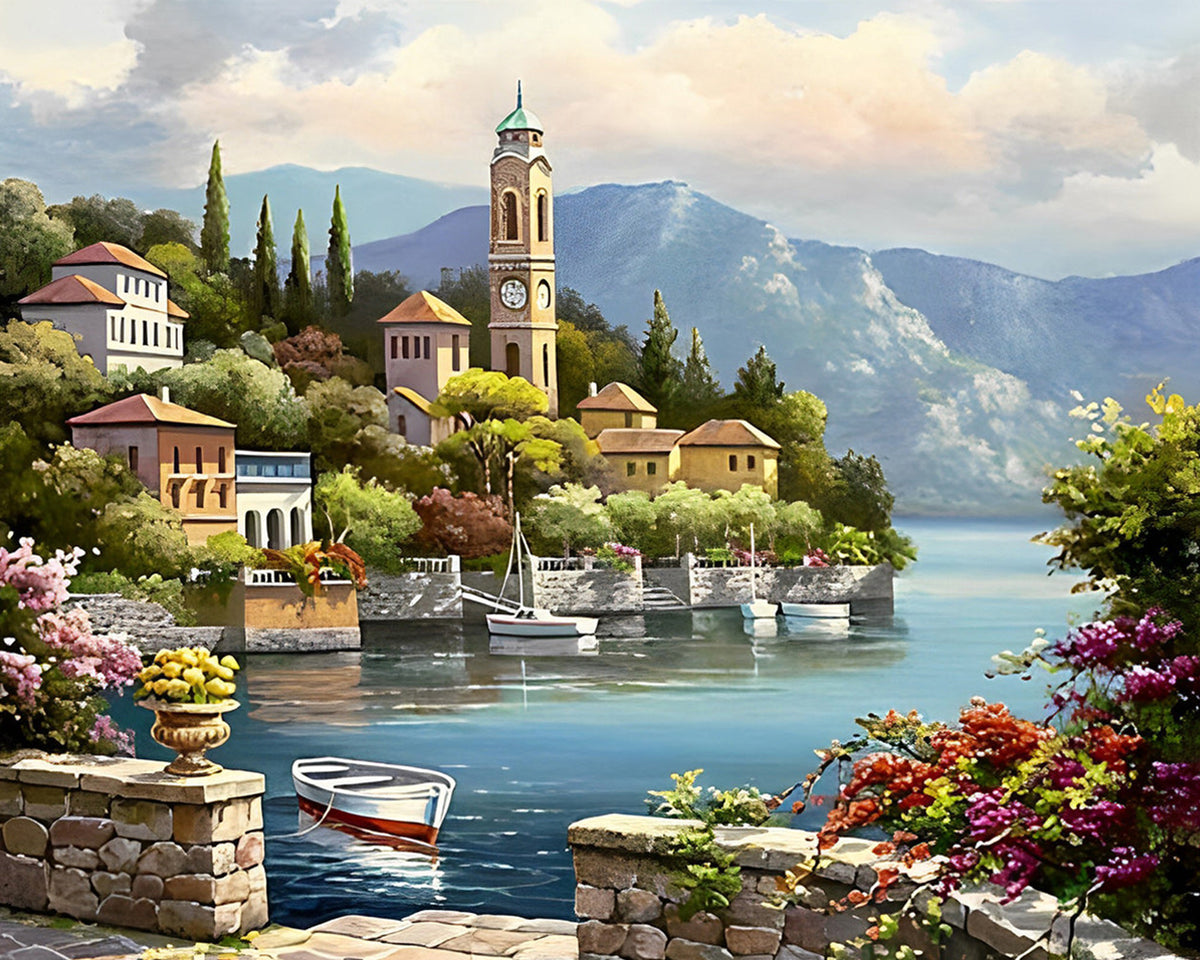 Leuchtturm und Berge an der Küste Diamond Painting