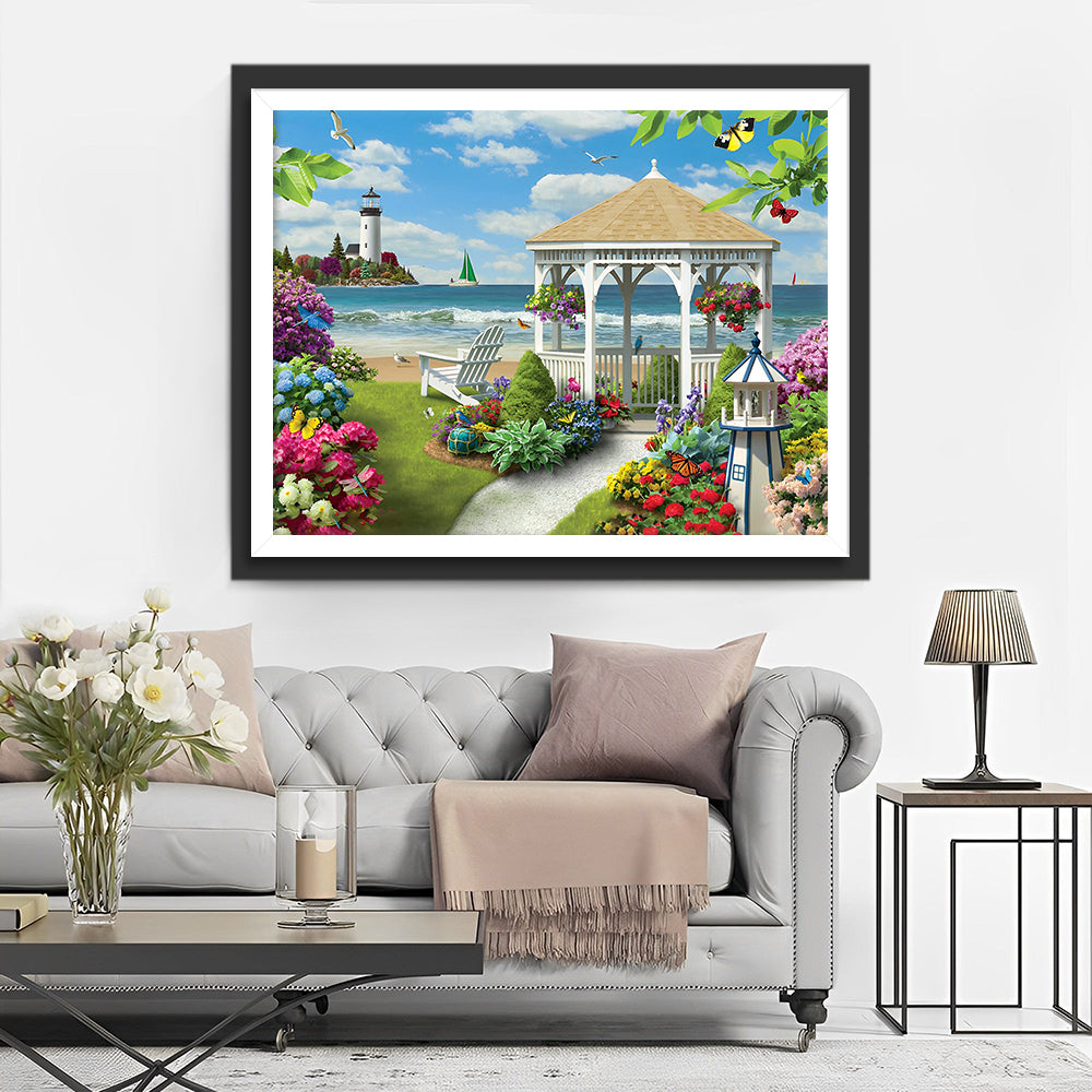 Leuchtturm und Garten am Meer Diamond Painting