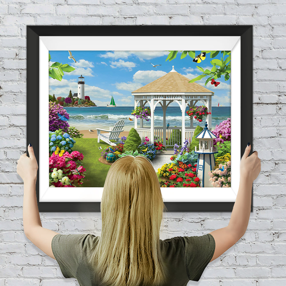 Leuchtturm und Garten am Meer Diamond Painting