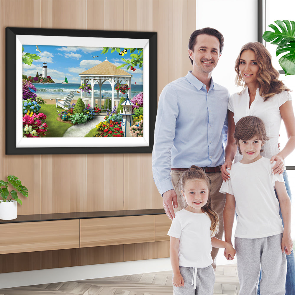 Leuchtturm und Garten am Meer Diamond Painting