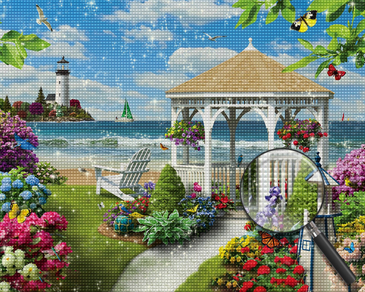 Leuchtturm und Garten am Meer Diamond Painting