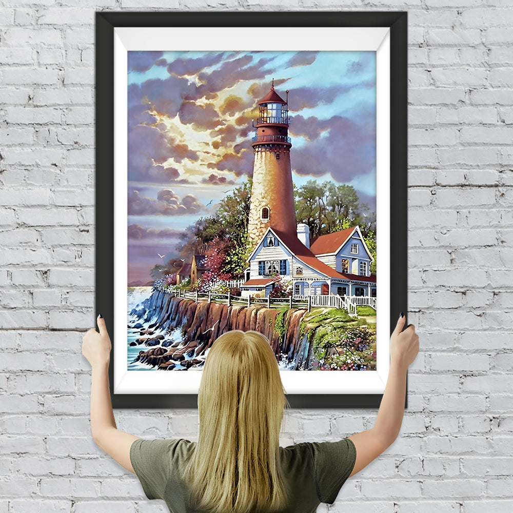 Leuchtturm und Haus am Meer Diamond Painting