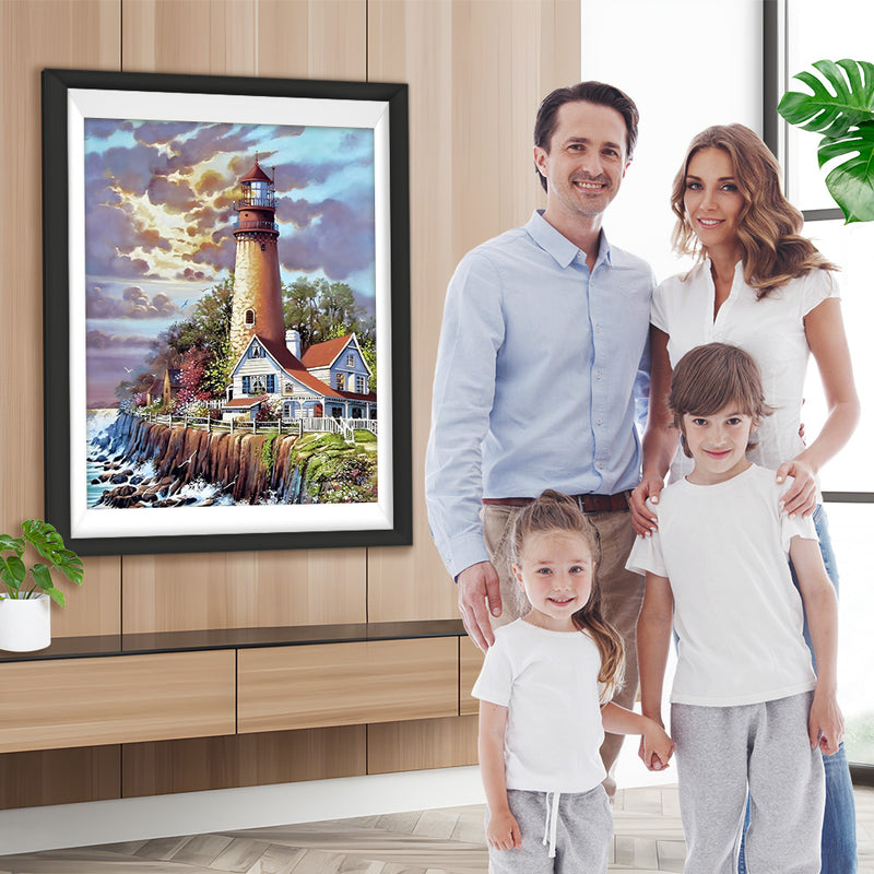 Leuchtturm und Haus am Meer Diamond Painting