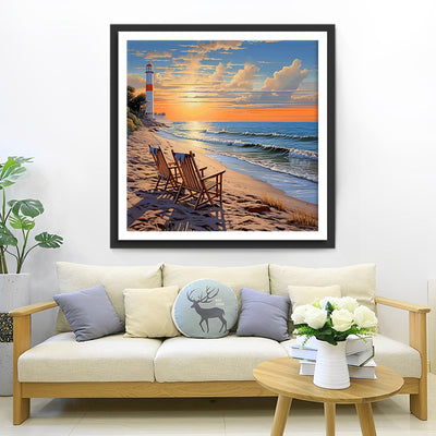 Leuchtturm und Stühle am Meer Diamond Painting