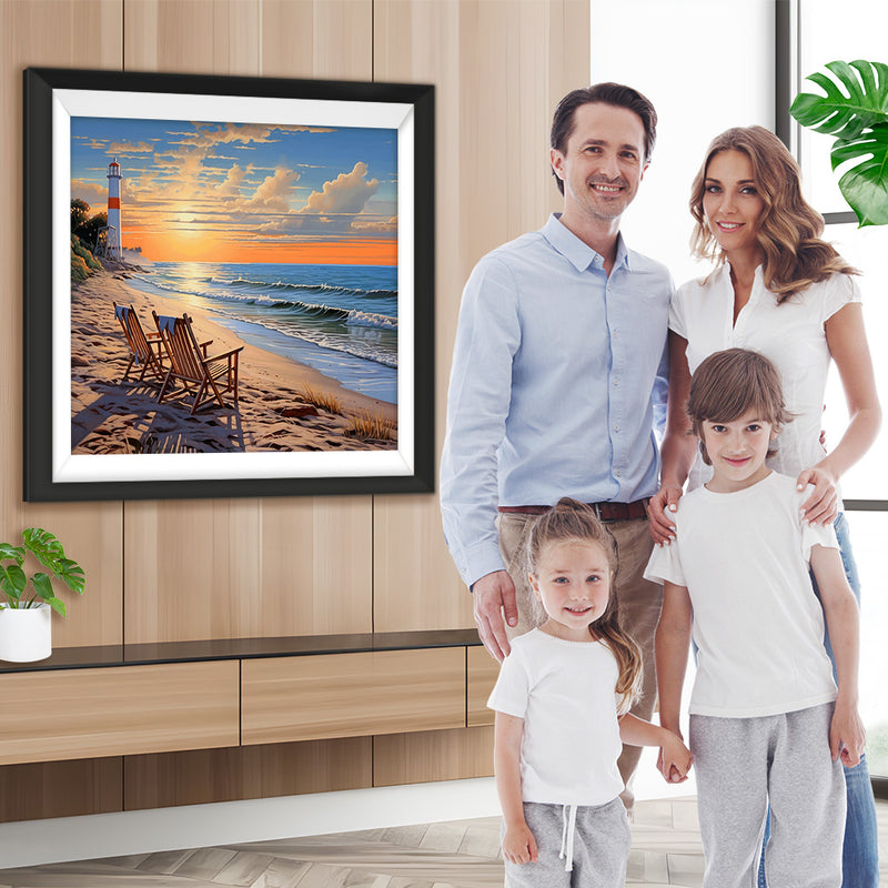 Leuchtturm und Stühle am Meer Diamond Painting