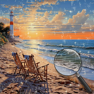Leuchtturm und Stühle am Meer Diamond Painting