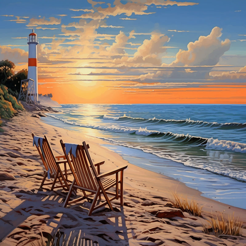 Leuchtturm und Stühle am Meer Diamond Painting