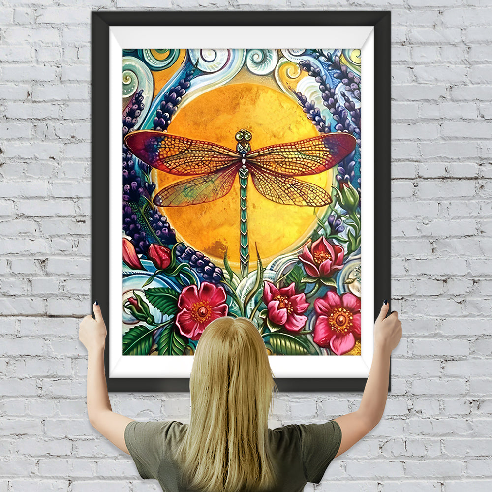 Libelle und rote Blumen Diamond Painting