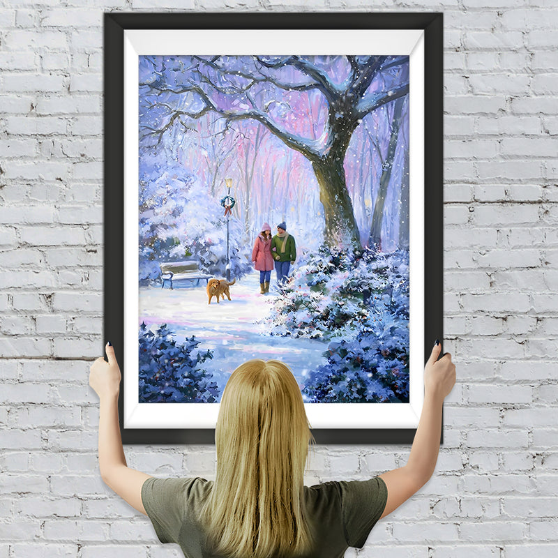 Liebespaar mit Hund im Schnee Diamond Painting