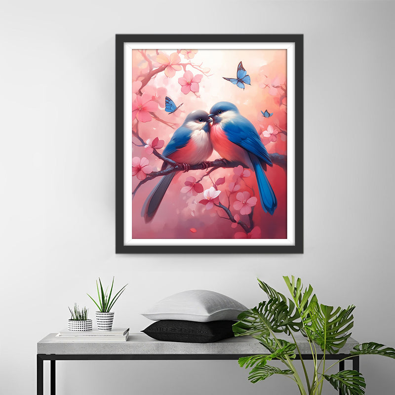 Liebesvögel auf rosa Blumenbaum Diamond Painting