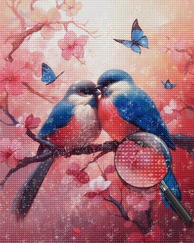 Liebesvögel auf rosa Blumenbaum Diamond Painting