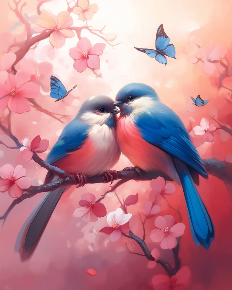 Liebesvögel auf rosa Blumenbaum Diamond Painting