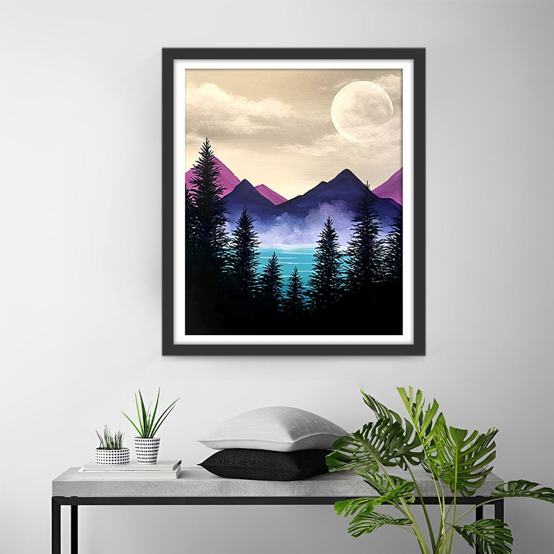Lila Berg, Mond und Bäume Diamond Painting