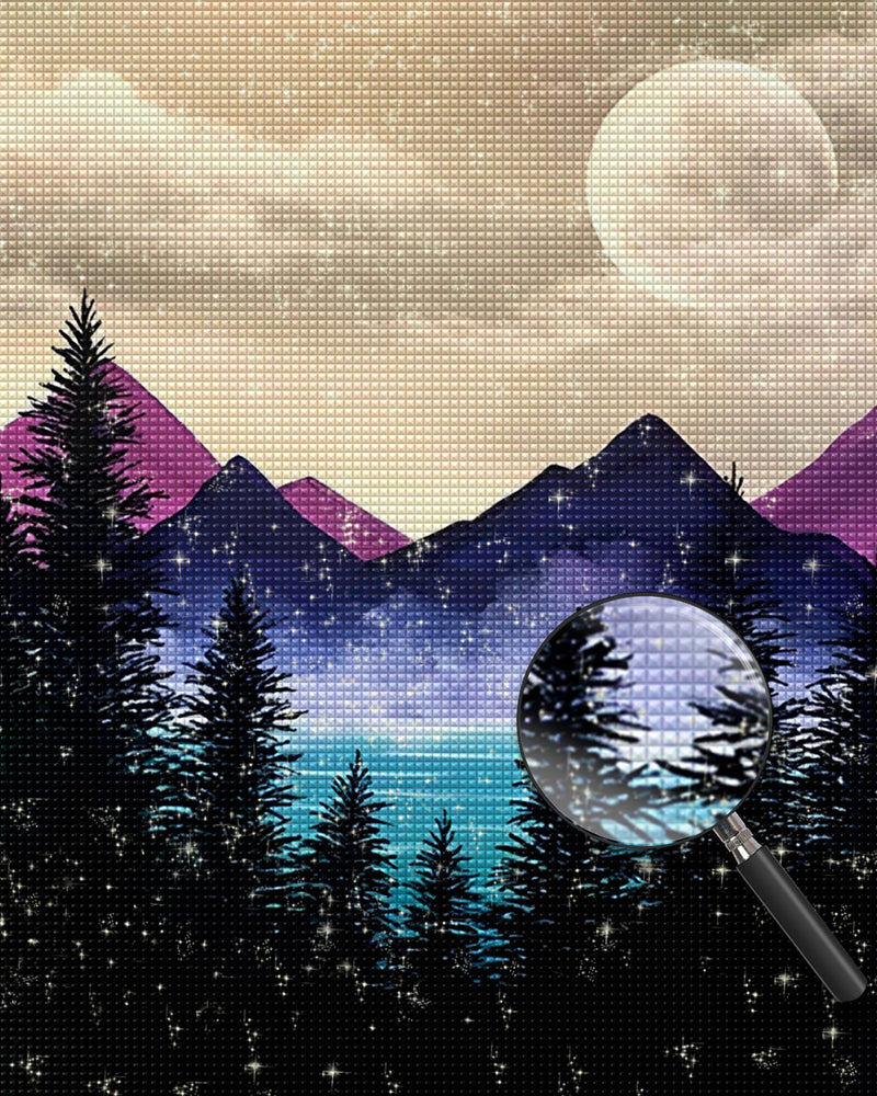 Lila Berg, Mond und Bäume Diamond Painting