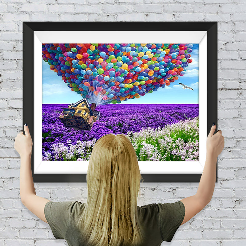 Lila Blumen und bunte Ballons Diamond Painting