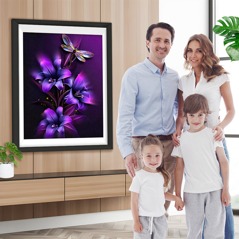 Lila Blumen und Libelle Diamond Painting