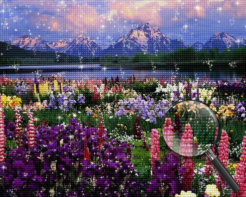Lila Blumenfeld am See Diamond Painting