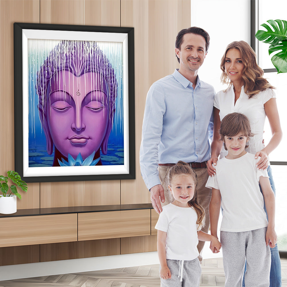 Lila Buddha-Statue und blaue Lotusblume Diamond Painting